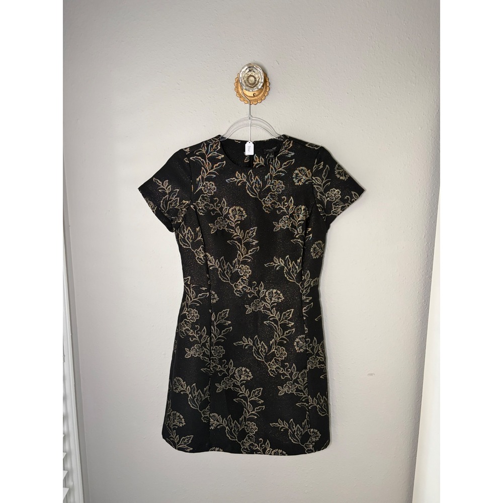 Ann Taylor Petite Black Gold Metallic Floral Brocade Jacquard Sheath Dress 4P
